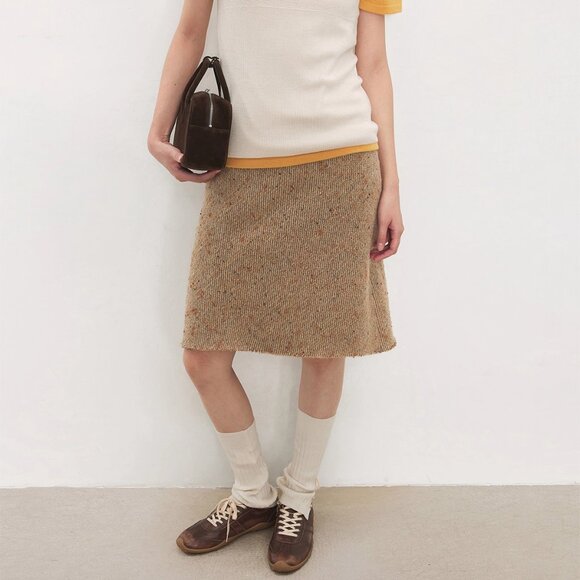 CHICJOC Italian Wool Tweed Speckled A-Line Skirt Luxury Textured Tweed Mid Skirt - Picture 4 of 11